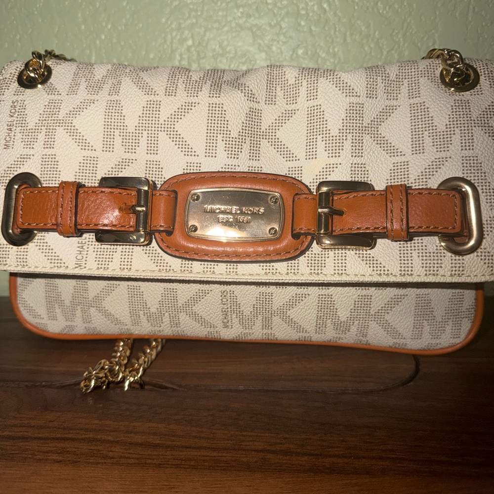 Michael Kors Cream and Tan Crossbody Bag with Gold Chain
